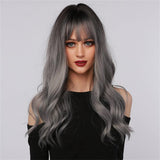 Xpoko Long Wavy Silver Ash Ombre Cosplay Synthetic Wigs Natural Curly Gray Black Hair Wig with Bangs for Women Afro Heat Resistant