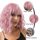 Xpoko Synthetic Pastel Wavy Wig With Bangs Ladies Short Style Pink Wig Role Play Suitable For Girls Daily Use Wig