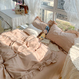 Xpoko Candy Color Ruffle Trim Bedsheet Set