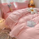 Xpoko New Korean Princess Style Bedding Set For Girls Solid Color Exquisite Ruffle Lace Pink Bed Skirt Duvet Cover Queen Pillow Case