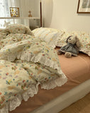 Xpoko  Sweet cute flower rabbit bedding set,twin full queen floral fairyfair lace cotton home textile bed sheet pillow case quilt cover