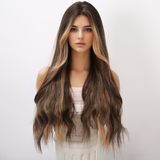 Xpoko Daily Lace Wig With Large Waves And Split Curls Gradient Brown Fashion Party Synthetic Fiber Natural Wig