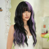 Xpoko Long Wavy Black Wigs for Women Daily Use Layer Highlight Purple Synthetic Wavy Hair Wigs With Bangs High Density Wigs