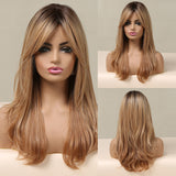 Xpoko Brown Highlight Synthetic Wigs Long Silk Straight Wig with Bangs Middle Part Natural Brown Daily Wig Heat Resistant