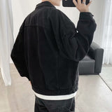 Xpoko Men Winter Outfit Black Denim Short Jacket Men Turn Down Collar Bomber Jacket Jeans Coats Casual Pockets Overalls Streetwear Man Clothing Outwear