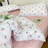 Xpoko  -  Vintage Countryside Floral Lace Ruffles Duvet Cover Set, Pillowcases with Bed Sheet, Fitted Sheet, Girls Bedding Set