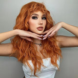 Xpoko Synthetic Orange Cosplay Wig with Wavy Bangs Ginger Copper Long Curly Wave Wigs for Women Halloween Party Heat Resistant Hair