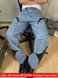 2000s fashion New American-Style Embroidered Patchwork Jeans Men's Loose Straight Leather Patch Stitching Casual Pants