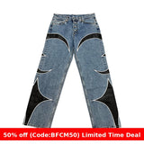 2000s fashion New American-Style Embroidered Patchwork Jeans Men's Loose Straight Leather Patch Stitching Casual Pants