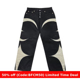 2000s fashion New American-Style Embroidered Patchwork Jeans Men's Loose Straight Leather Patch Stitching Casual Pants