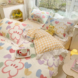 Xpoko Lovely Princess Flower Print Ruffles Bedding Set 100% Cotton Cute Girls Duvet Cover Set with Bed Sheet Kawaii Bedding Sets Soft