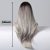 Xpoko Natural Long Straight Layered Synthetic Wigs Ombre Gray White Wig with Bangs  Hair for Women Daily Party Use Heat Resistant