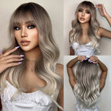 Xpoko Platinum Beige Long Wavy Blonde Cosplay Synthetic Wigs for Women Daily Lolita Natural Fake Hairs Wig With Bangs Heat Resistant