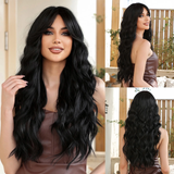 Xpoko Long Black Wavy Wigs with Bangs for Black Women Heat Resistant Synthetic Wigs Cosplay Halloween Natural Fiber Hair