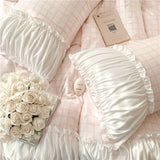 Xpoko Korean Style Princess Bedding Set Luxury Pink Lattice Duvet Cover Ruffles Lace Bedspread Bed Sheet Pillowcases