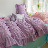 Xpoko Korean Princess Seersucker Kawaii Bedding Set Lovely Ruffles Girl Duvet Cover Set Solid Color Soft Comfortable Bed Sets 220x240