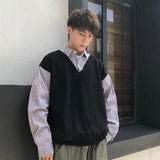 Xpoko Fake two-piece sweater for men in autumn style thin shirt collar bf Korean style chic jacket top student knitted sweater trendy