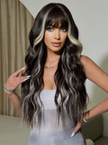 Xpoko Long Wavy Silver Grey Black Highlight Wig 27in Natural Heat Resistant Fiber Synthetic Curly Light Grey Black Ombre Wigs with