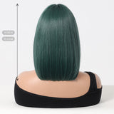 Xpoko Dark Green Bob Synthetic Wigs Short Straight Wig Green Hair with Bangs for Women Party Cosplay Use Heat Resistant