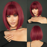 Xpoko Straight Light Brown Bob Wigs for Women Party Use With Neat Bangs Highlight Blonde High Density Synthetic Wig