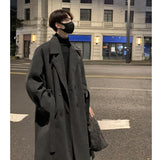 Xpoko Men Winter Outfit Korean Trend Trenchcoat With Belt Men's Loose Casual Overcoat Autumn Winter Solid Color Fashion Woolen Coat Medium Long Trench