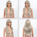 Xpoko Synthetic Blonde Black Synthetic Wigs 26"with Bangs Medium Straight Layered Natural Hairs for Women Daily Cosplay Heat Resistant