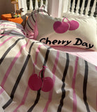 Xpoko  -  Sweet cute pastoral cherry bedding set,twin full queen cotton pink black stripes home textile bed sheet pillow case quilt cover