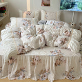 Xpoko  -  100% Cotton Bedding Set Korean Style Flowers Printing Quilt Covers Lace Princess Duvet Cover Bedspread Bed skirt Pillowcases