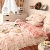 Xpoko 100% Cottom queen bedding set Romantic printed rose ruffle pink bedding set princess home textile linen bed sheet set twin size