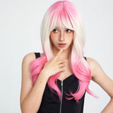 Xpoko Pink Gradient Wig With Wavy Bangs And Curly Hair Suitable For Party Wear Synthetic Synthetic Fiber Women's Wig