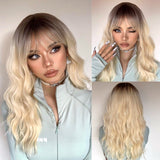 Xpoko Platinum Beige Long Wavy Blonde Cosplay Synthetic Wigs for Women Daily Lolita Natural Fake Hairs Wig With Bangs Heat Resistant