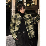 Xpoko Men Winter Outfit Men's Tweed Plaid Blazers Cardigan Autumn Winter Trend Collarless Short Jacket Fashion Green Korean Style Chic Elgance Coat