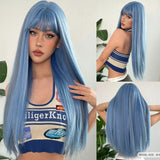 Xpoko Synthetic Long Silky Straight Wigs with Bangs Black Cosplay Party Lolita Hair Wigs for Women Natural Heat Resistant Wig