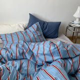 Xpoko New 100% Cotton Blue Bedding Set Luxury Simple Striped Bed Sheet Quilt Cover Pillow Case Bed Hat Fashion Design 2.0m/1.2m Bed