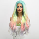 Xpoko 26in Daily Women's Party Wig Fashionable Rainbow Long Curly Hair Cos Forehead Lace Big Wave Sexy Wig