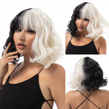 Xpoko Black And White Wig Short Bob Wavy Wig with Bangs for Women Loose Curly Shoulder Length Wig Synthetic Cosplay Wig for Girl