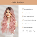 Xpoko Ombre Pink Wavy Wig With Bangs For Women 26 Inch Highlight Wig Natural Looking Heat Resistant Premium Fiber Synthetic Wig