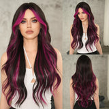 Xpoko Costume Wigs Long Wavy Purple Body Wigs with Dark Roots High Density Synthetic Heat Resistant Wig for Light Colored End