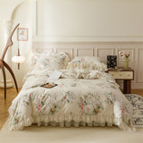 Xpoko  -  Pure Cotton Vintage French Pastoral Country Flowers Print Double layer Lace Ruffles Bedding Set Duvet Cover Bed Skirt Pillowcase