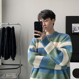 Xpoko Contrast color splicing striped sweater for men in autumn and winter lazy style trendy bottoming sweater, loose sweater jacket