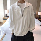 Xpoko Simple lapel POLO zipper spring and autumn Korean casual black and white solid color pullover sweatshirt men ins retro y2k top