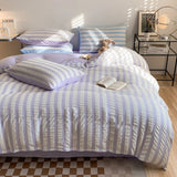 Xpoko  -  Chic Seersucker Bedding Set Washed Brushed Comforter Duvet Cover Flat Sheets Pillowcase Lightweight Soft Home Textile Bed Linen