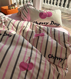 Xpoko  -  Sweet cute pastoral cherry bedding set,twin full queen cotton pink black stripes home textile bed sheet pillow case quilt cover