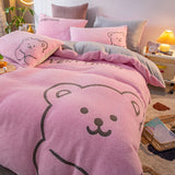 Xpoko Super Soft Warm Cosy Flannel Velvet Fleece Cartoon Bear Embroidery Child Bedding Set Duvet Cover Flat/Fitted Sheet Pillowcases