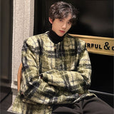 Xpoko Men Winter Outfit Men's Tweed Plaid Blazers Cardigan Autumn Winter Trend Collarless Short Jacket Fashion Green Korean Style Chic Elgance Coat