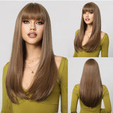 Xpoko Brown Highlight Synthetic Wigs Long Silk Straight Wig with Bangs Middle Part Natural Brown Daily Wig Heat Resistant