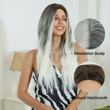 Xpoko Synthetic Long Water Wave Gray White Ombre Wig Halloween Cosplay Party Hair Wigs with Highlight White for Women Heat Resistant