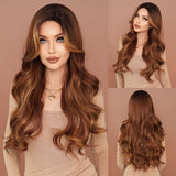 Xpoko Synthetic Long Loose Wavy Light Brown Wig for Women Daily Party Highlight Blonde Looking Wavy Wigs Middle Part Wig