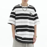 Xpoko Hong Kong style retro black and white loose striped short-sleeved T-shirt men summer contrast color ins horizontal striped top