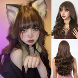 Xpoko Long Wavy Brown Synthetic Wig Long Curly Wig with Bangs for White Women Korean Daily Party Cosplay Christmas Heat Resistant Hair